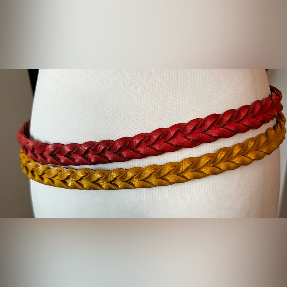 J.Crew Two Braided Leather Belts | Orange & Yellow Woven Brasstone Buckle S/M - Picture 2 of 7